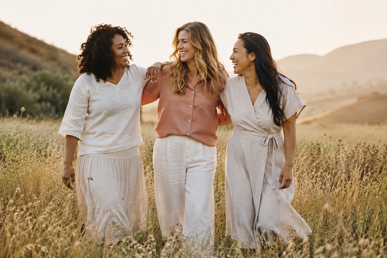Three women walking together in a warm golden field